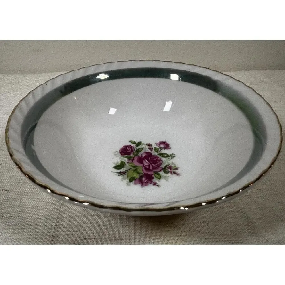 Vintage Japan Porcelain Bowl 6.75” – Roses, Green Band, Gold Trim